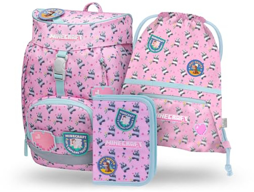 Baagl Schulranzen Mädchen Set 3 Teilig Airy - Minecraft Panda | Die Schultasche für die 1. Klasse und der Grundschule Ranzen bieten als Schulrucksack Vorschule ein Federmäppchen.