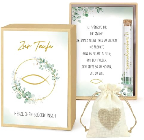 Taufe Geschenk Geldgeschenk zur Taufe für Mädchen und Jungen Taufgeschenke Box mit Taufekarten Jutesäckchen Kleine Wunscherfüller Karte Reagenzglas Wunscherfüller Geldgeschenke Verpackung