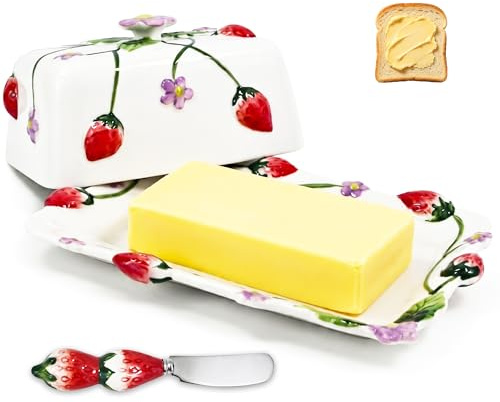 mobumeia Butterdose Keramik mit Deckel & Messer für 250g Butter | Butterglocke für Kühlschrank & Tisch, Erdbeer Design Butterbox, Butterbehälter Porzellan für Haushalt und Küche