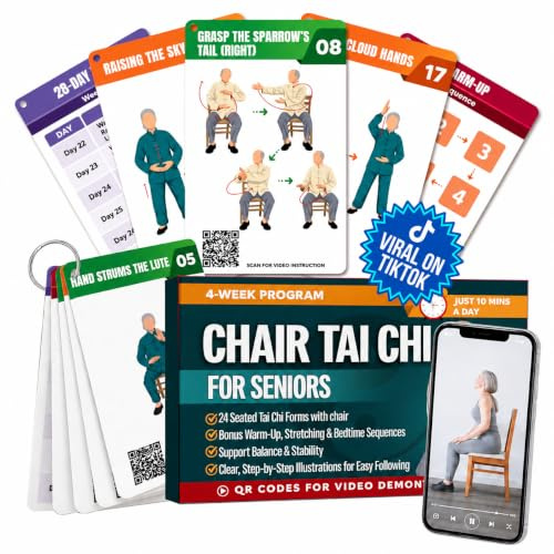 POCAZONE Chair Tai Chi for Seniors Over 60, 46 Exercise Cards & Video Guide | Safe & Easy 10-Minute Daily Routines Seated Flows to Improve Mobility, 28-Day Plan to Stay Active and Feel Confident