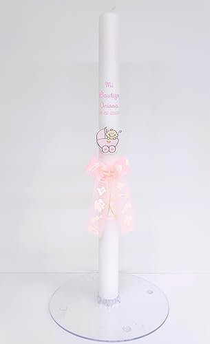 VELA DE BAUTIZO MEDIDA 3 x 40CM DECORADA CON APLIQUE CARRITO MADERA Y LAZO DECORADO ROSA (PERSONALIZADA)