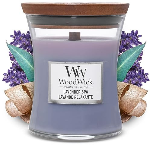WoodWick mittelgroße Duftkerze im Sanduhrglas mit knisterndem Docht | Lavender Spa | Brenndauer bis zu 60 Stunden