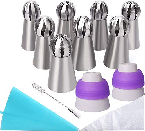 22 Pcs Russian Piping Tips Set, DesignerBox 8 Pcs Stainless Steel Russian Piping Ball Tips Icing Nozzles Set with 2 Couplers, 1 Silicone Bag,1 Cleaning Brush and 10 Disposable Pastry Bags (#1)