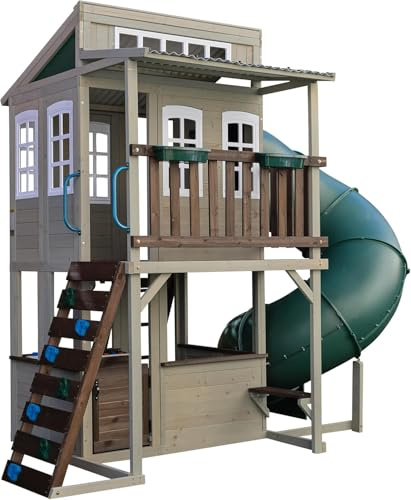 KidKraft Cabane Enfant Cozy Escape en Bois (FSC) avec Toboggan en Tube, Cuisine et Mur d’Escalade, Aire de Jeux d'extérieur pour Jardin, F29045