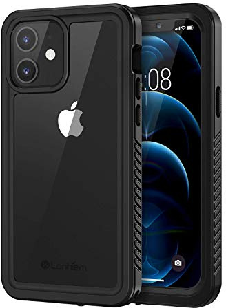 Lanhiem iPhone 12 vattentätt fodral, [IP68 vattentät+stötsäker] 360 oförstörbar integrerad förstärkt dammtät anti-snöbeständig vattentät skyddande fodral för iPhone 12 (6.1), svart