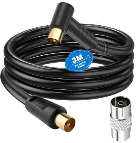 Cavo Coassiale per Antenna TV 3M da Maschio a Maschio, Angolo Retto Cavo Satellitare Cavo TV RF Antenna Coassial Cavo Maschio PAL Connettori Placcati oro Flylead Nero con Accoppiatore