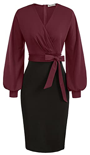 GRACE KARIN Dam bodycon pennklänning V-ringad kortärmad cocktailklänning med bälte, Vinröd-svart (långärm), S