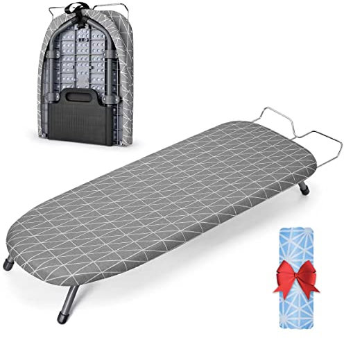 Johgee Foldable Table Top Ironing Board with Iron Rest, Compact Folding Steam Iron Table with 2 Covers, Non-Slip Folding Legs, Light Weight, Space-Saving, Ideal for Apartments & Caravans, 82 x 32cm