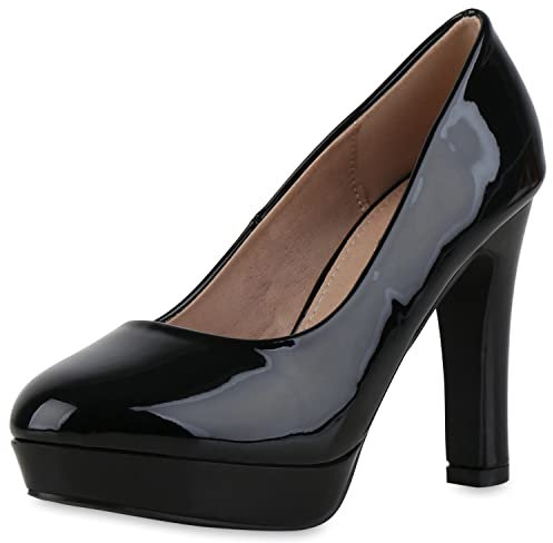 VAN HILL Damen Klassische Pumps Stiletto Schuhe Plateau Vorne Absatzschuhe Elegante Lack Abendschuhe 210696 Schwarz Lack 39