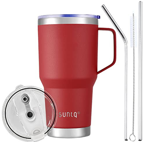 SUNTQ 30oz Tumbler with Handle - Reusable Travel Coffee Cup with Straw & Lid - Double Wall Vacuum Insulated Coffee Mug - Stainless Steel Thermal Cup for Hot and Cold Beverages(Red)