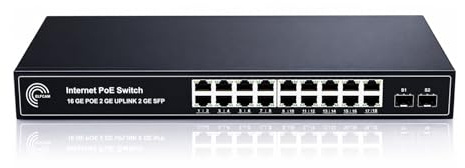 Elfcam® - PoE Commutateur Switch Fibre Optique avec 2 Ports SFP 1,25Go, 16 Ports PoE Gigabit Ethernet 10/100/1000Mbps, Plug & Play Non Géré (16 Ports PoE)