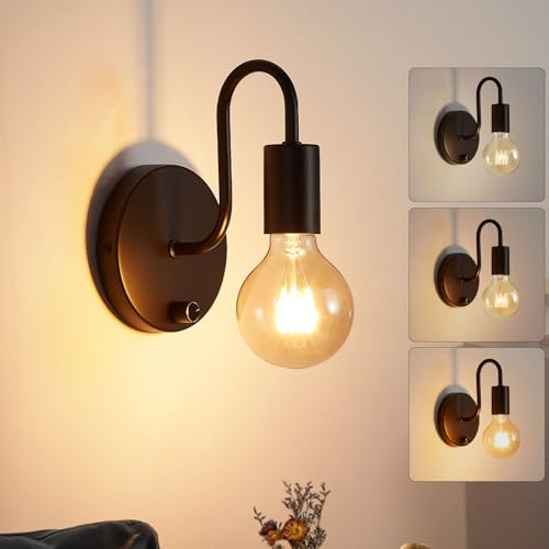 Lightess Wandlampe mit Schalter Dimmbar Vintage Wandleuchte Innen Schwarz | E27, Industrial, Retro, Metall, für Schlafzimmer Wohnzimmer Flur, Ohne Glühbirne