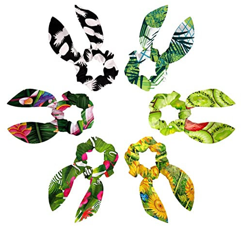 6PCS Hair Scarf Scruncheis for Women Girls, Ribbon Bow Elastic Hair Ties Bands Satin Hair Ribbon Scrunchy Ponytail Holder Accessories,Green Leaves Tropical Palm