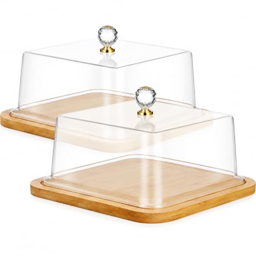 YARNOW 2 Pack Square Cake Stand with Lid 30cm Acrylic Dessert Display Tray Wooden Base Covered Pastry Plate for Afternoon Tea Party Bakery Home Kitchen Cupcake Server Case