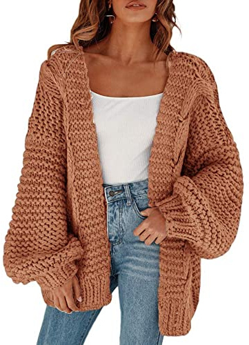 Cicy Bell Cardigan da donna con maniche a lanterna larghe e eleganti, maglione oversize, cachi, S