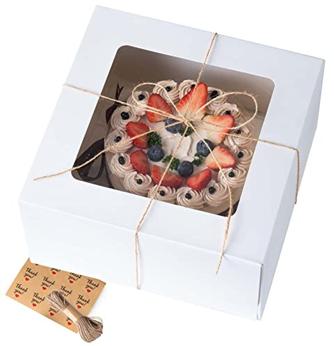 WVOPIAHY Tortenkartons Weiß,Kuchenkarton mit Sichtfenster Kuchenboxen 26x26x13cm,10 Zoll Konditorkarton, Tortenbox(10 Stück mit Schnur und Aufkleber)