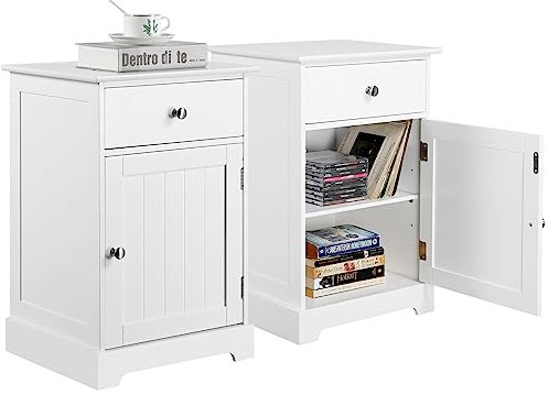 Yaheetech 2er Set Nachttisch Nachtschrank Nachtkommode mit Schublade und verstellbarem Einlegeboden Boxspringbett Beistelltisch Sofatisch für Schlafzimmer/Wohnzimmer, Weiß