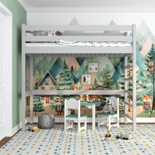 N-wood N01 Cama Loft 90x190 cm, 100% Madera Maciza, Cama Alta para niños y Adultos, Escalera Universal: Derecha o Izquierda, Somier Incluido, Sin Tornillos salientes, Hecho a Mano, Gris