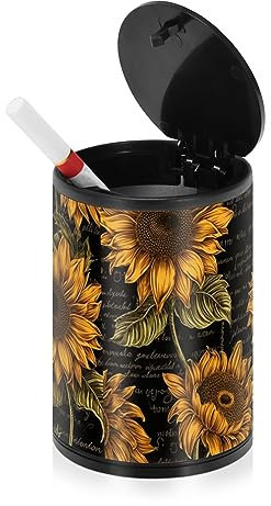 Vintage Postkarte Gravur Sonnenblumen Aschenbecher für Zigaretten mit Deckel Edelstahl Portable Auto Zubehör Kleiner Aschenbecher für Terrasse Strand Reisen