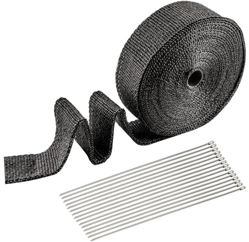 Exhaust Wrap, 15m X 5cm Exhaust Heat Shield Tape with 15pcs 30cm Stainless Steel Cable Ties, Manifold Downpipe Exhaust Pipe Wrap Roll Fiberglass Tape for Car/Motorcycle/Truck (Black)