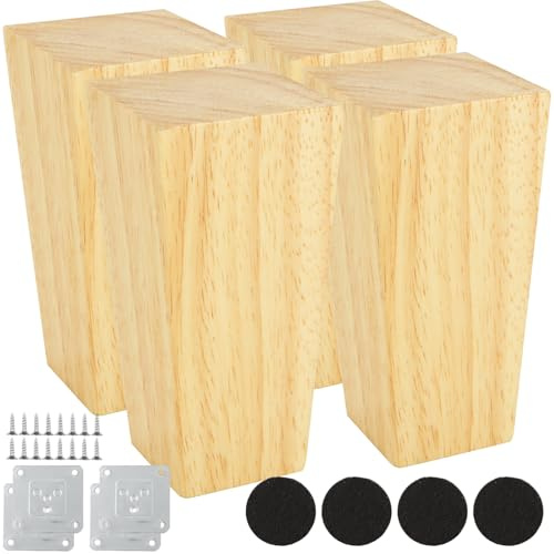 APACALI 4 Stück Möbelfüße Holz, 10cm Schrankfüsse Holz, Vierkantige Möbelbeine, Holzfüße für Möbel, Tischbeine, Möbelbeine aus Eiche mit Fußpolster