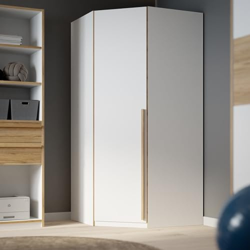 möbelando Eckkleiderschrank >SMARTROOM< in Weiss/Catania Eiche - 94,1x215x94,1 (BxHxT)
