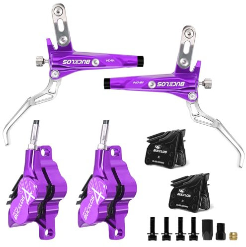 BUCKLOS MTB Hydraulic Disc Brake Set 4 Pistons Front 850mm and Rear 1550mm Hydraulic Brakes with Aluminum Alloy Lever with Caliper Ceramic Brake Pad Fit Mountain Bike,Ebike,Fat Bike HB-CP4 (Pre-Bled)