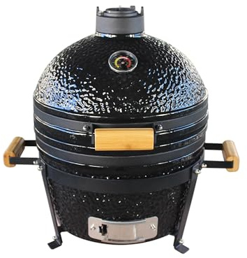 COOKFIRE - Barbacoa Kamado de Carbón Ø 40 cm - BBQ Grill Japonesa Con Termómetro y Asas de Bamboo - Portátil y Cerámica - Mini Parrilla (Negro)