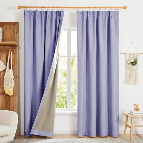 Deconovo 100% Blackout Curtains Faux Linen Noise Reducing Thermal Insulated Curtains for Girls Bedroom, Purple W52 x L84 Inch One Pair