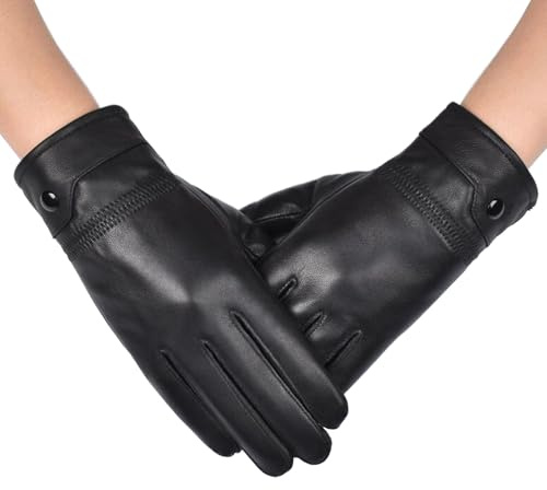 Long Keeper Gants Cuir Hiver Homme Gants en Cuir Fin de Conduite Gants Hiver à Écran Tactile Avec Doublure Gants Chaud Coupe Vent pour Conduite Moto Velo
