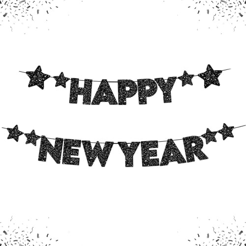 DazzJoy Happy New Year girlang svart, glitter nyårsafton dekoration 2026 girlang banderoll, nyårsdekoration, nyår nyårsafton dekoration, nyårsdekoration kransar för nyårsafton dekoration, 2026