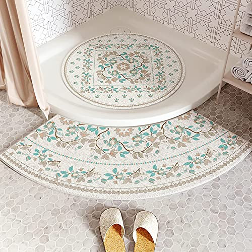 ZFGOJNBH Gebogene Duschmatte für Eckdusche, rund, saugfähig, weiche Mikrofaser mit Ablaufloch, PVC-Luffa, schnell trocknend, mit Rutschfester Unterseite, 2-teiliges Set. Eine 70 cm große runde + gebo