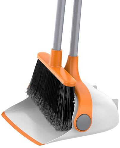 MR.SIGA Long Handled Dustpan and Brush Set, Upright Broom and Dustpan Set with Adjustable Handle, Tall Sweeping Brush with Comb Teeth for Floor Cleaning, Indoor, Outdoor, Home, Lobby,White & Orange