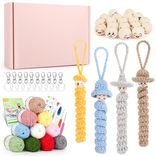 Coopay Juego de Ganchillo para Gusanos de la Suerte con 10 Hilos Multicolor, 50 Bolas de Madera con Cara e Instrucciones para Niños