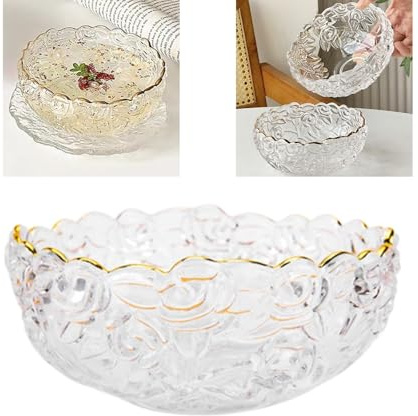 Boxonly Rose Embossed Glass Dessert Bowl and Plate Set – Gold Rim, Sophisticated 5.1x2.2 / 13cmx5.5cm Bowl with Glacier Textured 5.5x0.6 / 14cmx1.5cm Plate – Perfect for Desserts