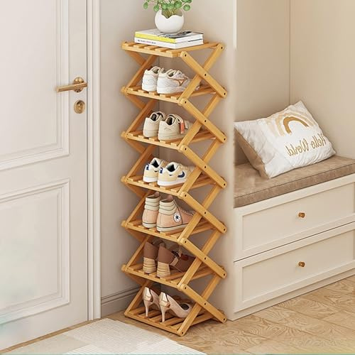 acfeco Schuhregal mit 7 Ebenen, Schuhregal Schmal Holz, Klappbar Schuhregal Bambus, Tragbar Schuhablage Klein Platzsparend für Eingangsbereich, Flur, Wohnzimmer, 26 x 26 x 105 cm, Naturfarben