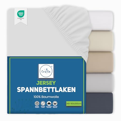 Cozita Basics Fitted Sheet 140 x 200 cm - 100% Cotton Jersey Bed Sheet, Oeko-Tex Certified, Up to 25 cm Mattress Height - White