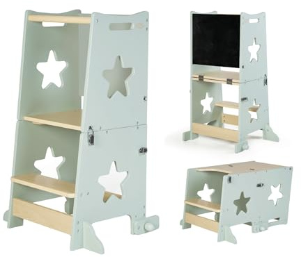 ms BabyWorld – Learn Up – Torre de Aprendizaje Montessori | Convertible en Escritorio con Pizarra y Taburete | Madera Maciza | Barra de Seguridad | Plegable