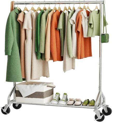 Ekisemio Heavy Duty Rolling Clothes Rack with Wheels and Shelves, 450 lbs Capacity, Portable Garment Rack for Hanging Clothes, Standing Wardrobe for Closet, Bedroom, Commercial Use, Chrome