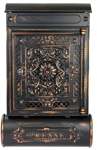 HMF 512-20 Boîte aux Lettres Antique avec Compartiment à journaux, boîte aux Lettres Vintage en Fonte d'aluminium | 57 x 35 x 10 cm | Noir-cuivre