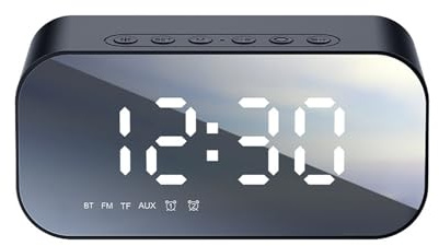 Denash Radio du Réveil, 1200mAh Portable Bluetooth 5.0 & Double Alarmes FM Radio Conférencier, Gradateur à 3 Niveaux et Affichage de Température pour la Chambre/Bureau (Black)