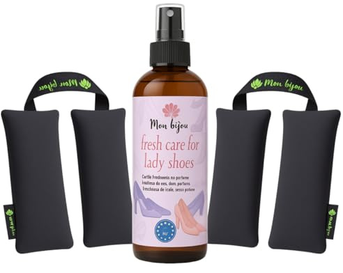 Ditt Mon Bijou anti-luktset för kvinnor: skospray + 4 påsar aktivt kol – mot lukt i skor, väskor, tyger – vegan, elegant, parfymfri – fräsch, feminin, diskret.