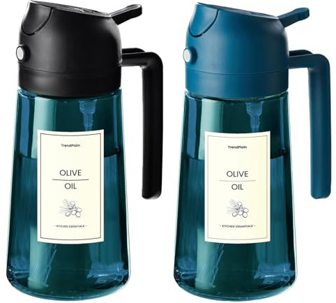 TrendPlain 470ml/16oz Spruzzatore di Olio d'Oliva in Vetro Blu per Cucina - Dispenser di Olio d'Oliva 2 in 1 per Gadget da Cucina, Friggitrice ad Aria, Insalata e BBQ (1 Confezione, Nero & Blu Marina)