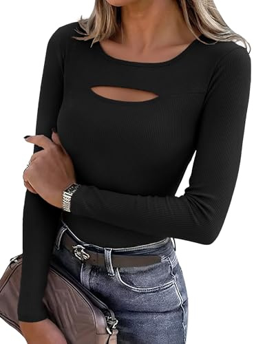 Aottori Maglia Donna con Scollo Rotondo Elegante Maglietta Cotone a Maniche Lunghe T-Shirt Basic Aderente Top a Coste Elasticizzato Sexy Nero M