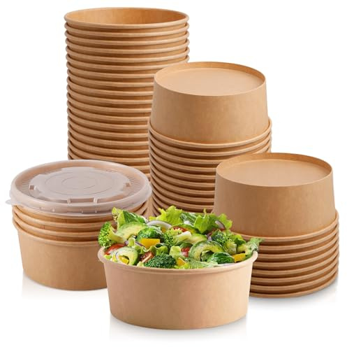 Tczecoo 50 Stück Kraft Salatschalen mit Deckel,36 oz/1100 ml Kraft Papier Salat-Bowl,Rund Hartpapier Salatbox to go,Suppenschale aus Kraftpapier,Salatschale für Salate Snack Suppen,Heiße/Kalte Speisen