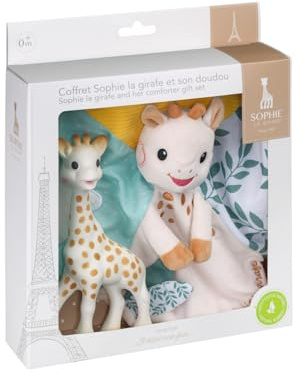 Vulli Sophie die Giraffe und ihr Kuscheltier – Babyspielzeug 0 Monate + – Naturkautschuk und sensorische Textilien – Kuscheltier mit Schnullerbefestigung – Geschenkidee zur Geburt – Kollektion Es war