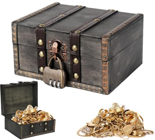 Ktnyl Oro Baúl Del Tesoro, Cofre del Treasure, Cofre Madera, Caja con Candado, Box del Tesoro de Madera, Puede Utilizarse Como Caja de Regalo Para Niños o para Guardar Cosas