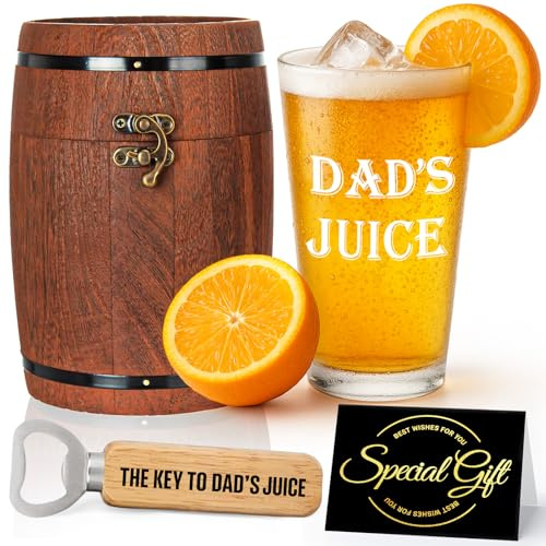 Joybble Dad's Juice Gift Set, Personalized Birthday Gifts for Men, Dad, Grandad, Father's Day, Christmas, Beer Glasses for Daddy with Greeting Card, Bottle Opener, Retro Wooden Barrel