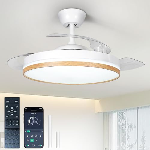 Depuley Fandelier Ceiling Fan with Light: 42 Retractable Ceiling Fans with Lights and Remote & APP Control - 6 Speeds Dimmable LED Chandelier Reversible Ceiling Fan for Living Room White+ Wood Grain