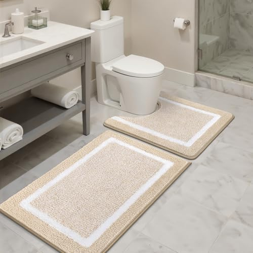 SHACOS Badteppich rutschfeste Badematte Weicher Badezimmerteppich Wasserabsorbierend Duschmatte Maschinenwaschbar Badvorleger für Dusche,Badewanne und Toilette, Beige, 45x65cm+50x60cm
